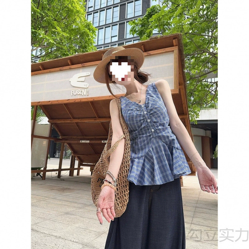 Корейская французская высококачественная клетчатая рубашка для женщин, синий жилет с талией для горячих девушек, топ без рукавов с v-образным вырезом для женщин, лето
