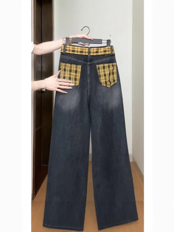 美式复古灰色格子拼接阔腿牛仔裤春夏季设计感高腰宽松直筒拖地|undefined