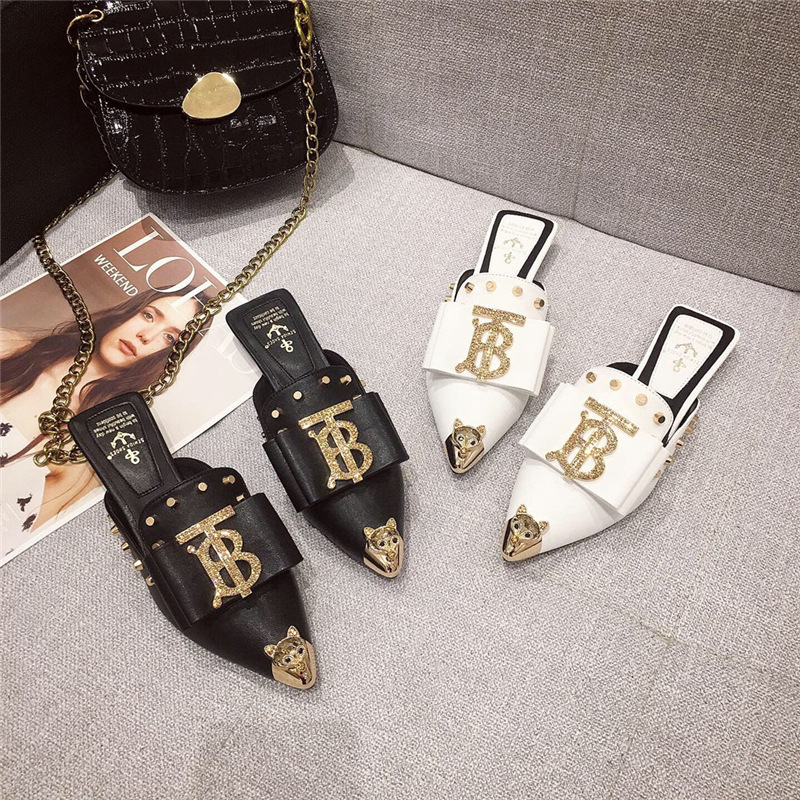 Casual Baotou Half Slippers Women's Outerwear 2020 New Korean Style Rhinestone Rivet Flat Pointed Toe Mule Slippers Women