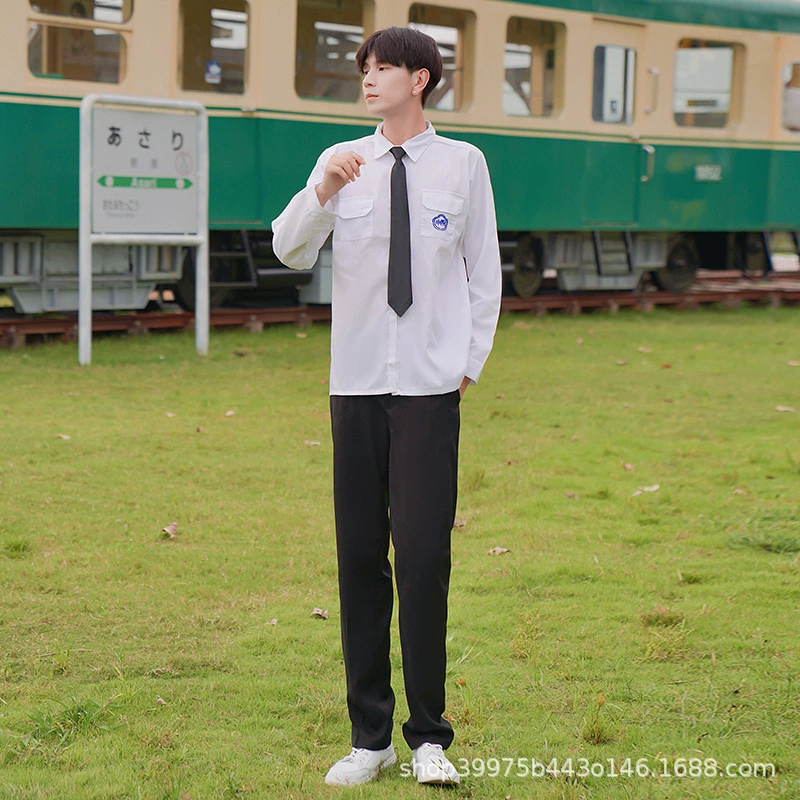 Uniform, shirt, student pleated skirt, set, long-sleeve, brace, with embroidery