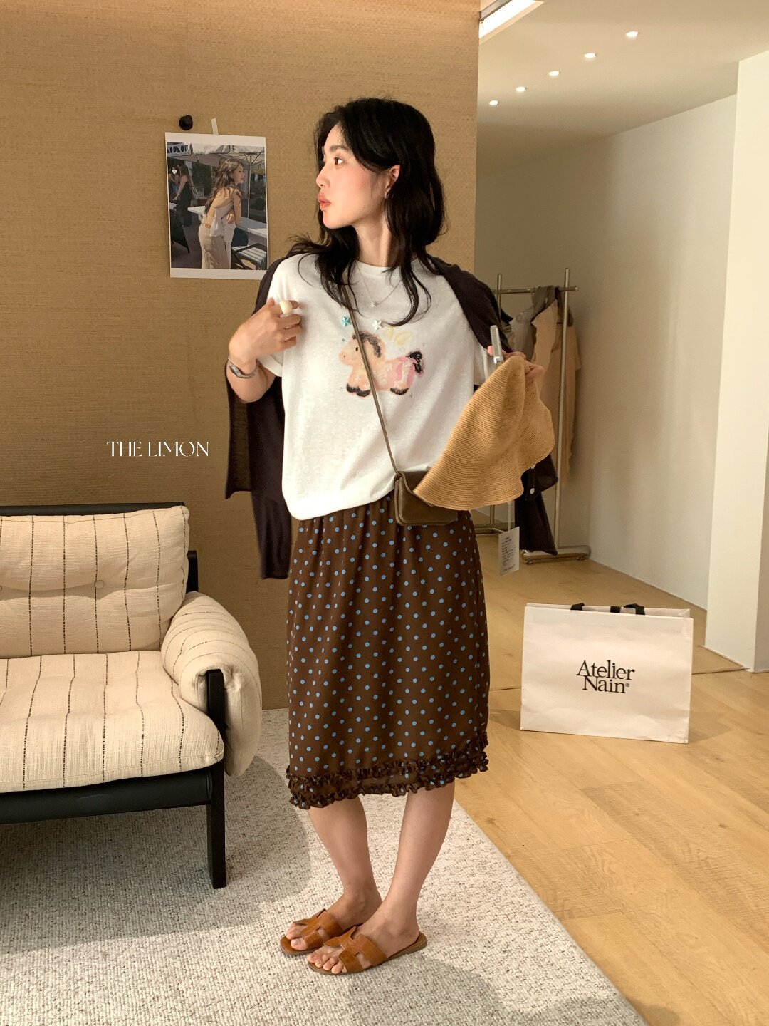 Chân váy chữ A xếp ly họa tiết chấm bi cổ điển, cạp cao co giãn — Màu cà phê chi tiết 6