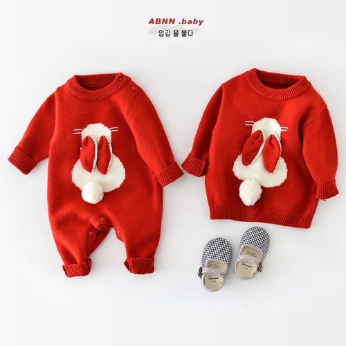 Baby autumn and winter one-piece clothes, cartoon knitted bunny sweater, newborn romper, baby festive outing clothes