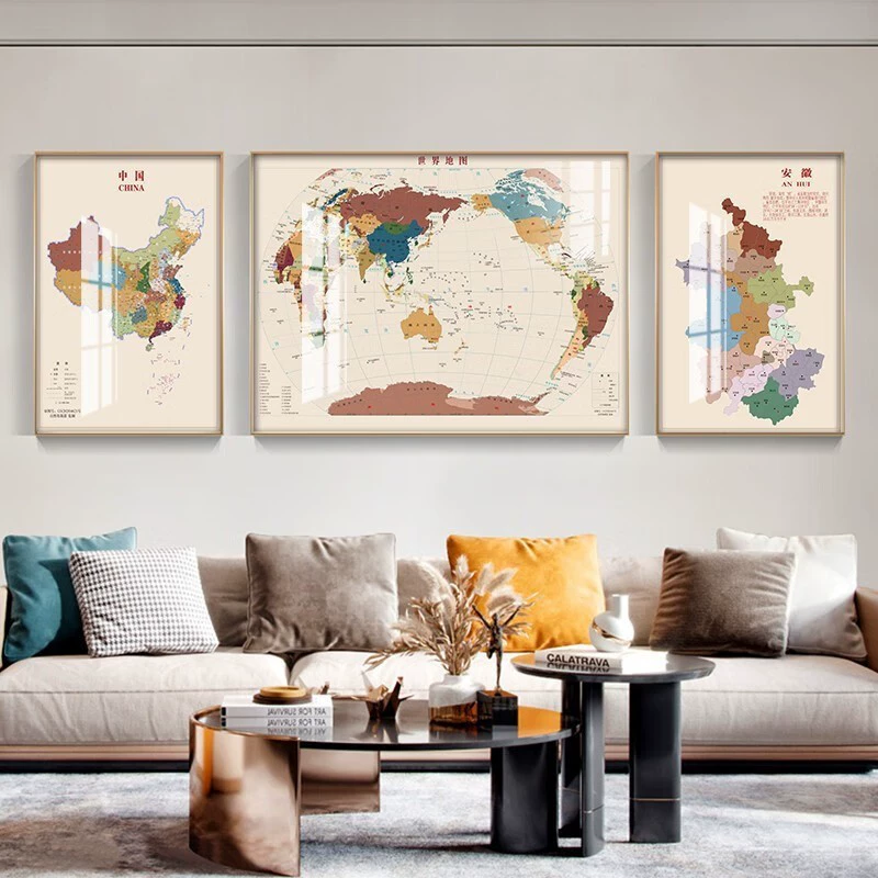 World China map living room sofa background wall decoration painting office wall painting modern simple triple hanging painting