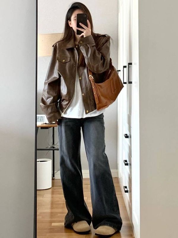 咖色PU皮衣外套女春秋新款美拉德爆款高级感休闲百搭气质夹克上衣|undefined