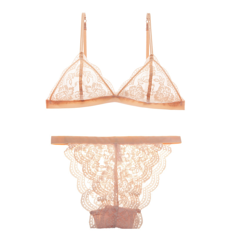 Procesamiento personalizado sujetador de encaje sexy francés ropa interior de copa triangular talla grande sin anillo de acero ropa interior delgada conjunto de ropa interior