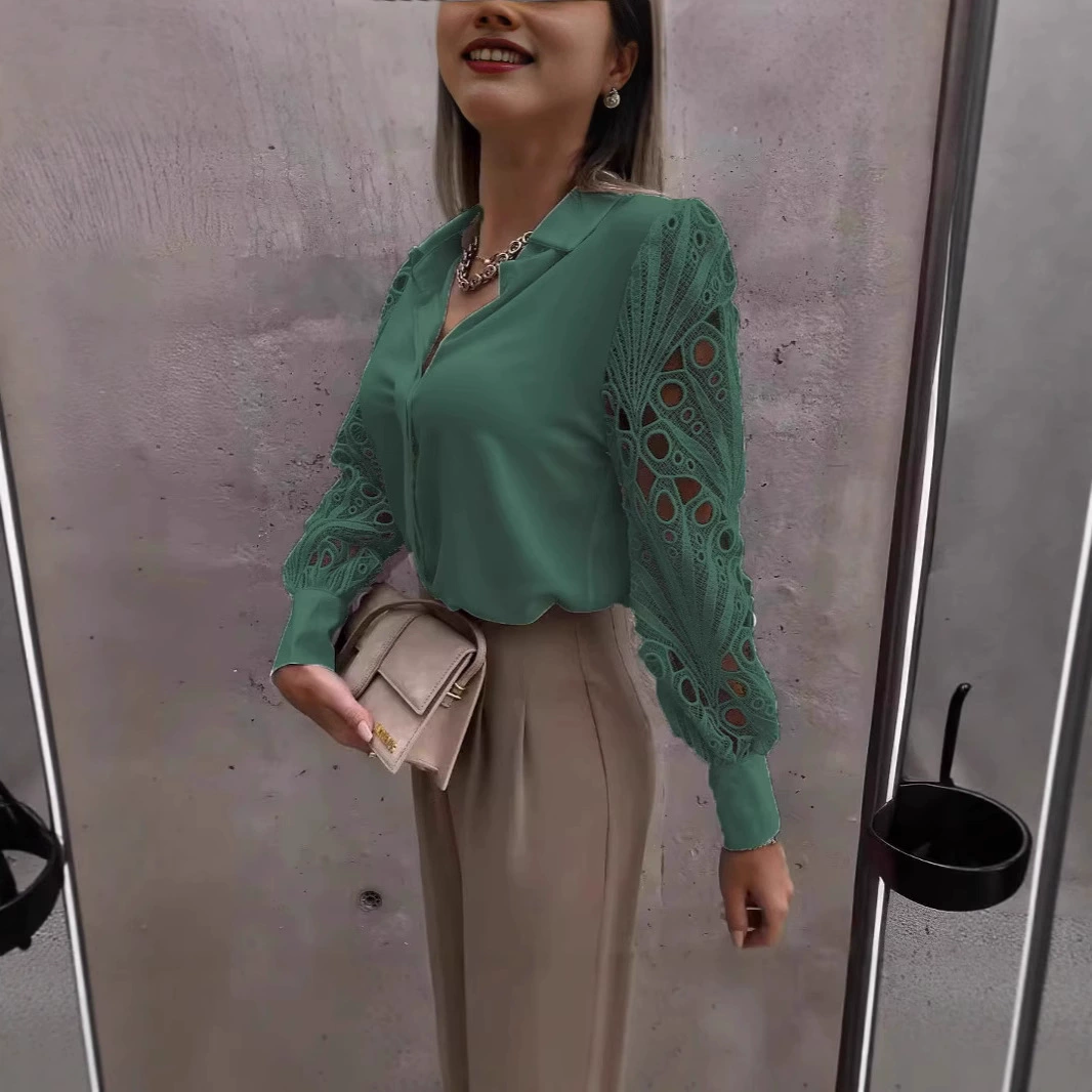 2022 Amazon, европейские и американские трансграничные весенне-летние новые популярные женские однотонные кружевные рубашки для женщин