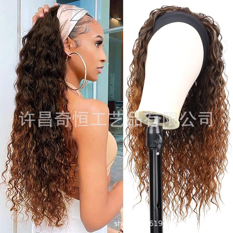 African Women's 24inch Ice Silk Wet Curl Headband Wig High-Temperature Silk Headgear African Women's 24inch Ice Silk Wet Curl Headband Wig High-Temperature Silk Headgear
