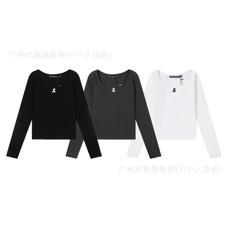 Korean Restandrecreation Embroidered Rr Square-Neck Long-Sleeve T-Shirt Casual Versatile Base Shirt for Women Trendy Inner Wear