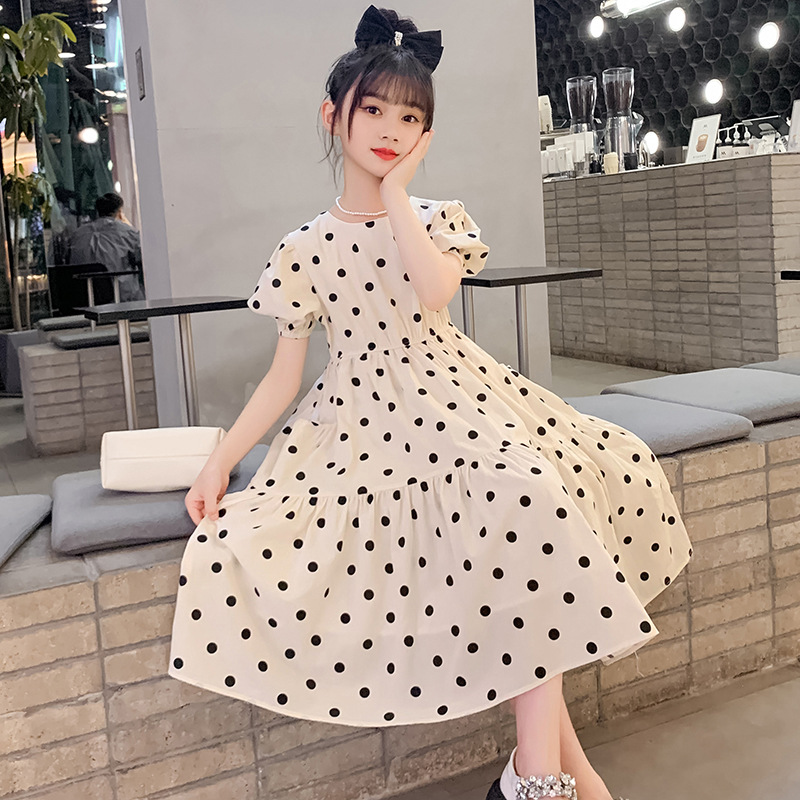 Girls' Summer Polka Dot Dress, 100% Cotton, Princess Dress, Puff Sleeves, Elegant Style, Suitable for Older Children