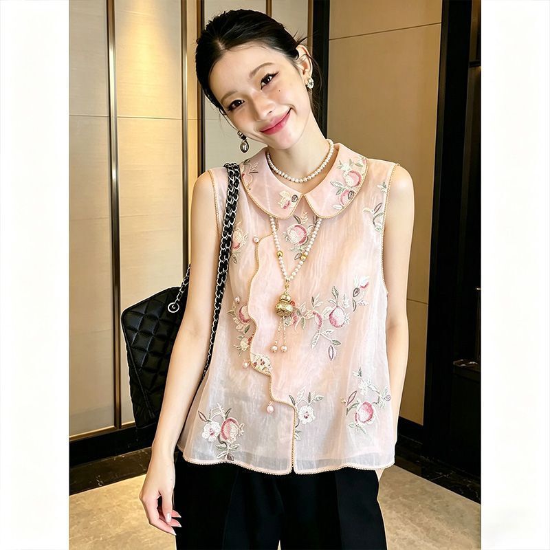 2026 Summer New Sweet Style Doll Collar Floral Vest for Women, Sleeveless Pink Heavy Embroidery Versatile Vest