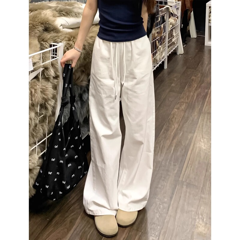 White Cotton and Linen Casual Pants for Women Summer 2025 New High-Waist Slim Loose Straight Lazy Style Sports Wide-Leg Pants