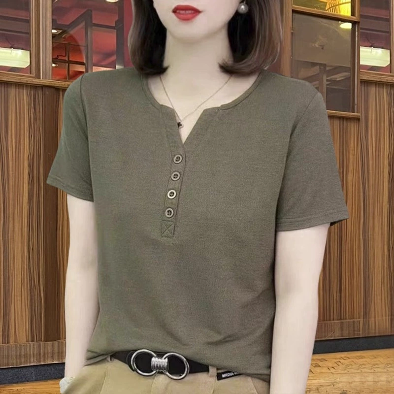 Летняя новая стильная футболка для мам с короткими рукавами для женщин среднего возраста, женская модная тонкая рубашка больших размеров с v-образным вырезом, однотонная тонкая рубашка, элегантный топ