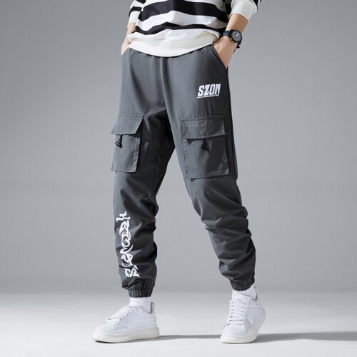 Men's American/European Size Printed Loose Casual Long Pants in Grey and Black