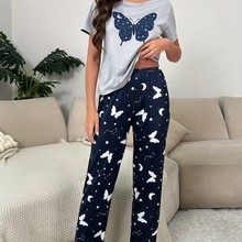 新款短袖宽松舒适柔软蝴蝶休闲睡衣套装外贸跨境欧美女士居家服