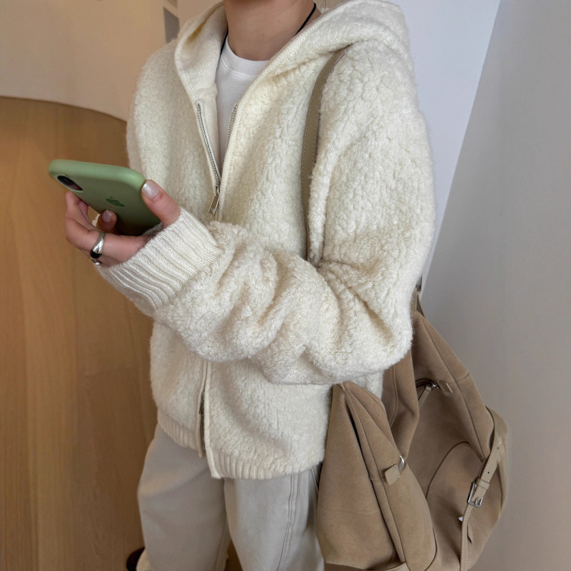 White Zip-Up Hooded Sweater Jacket for Women 2025 New Autumn and Winter Thickened Loose Lazy Style Knitted Cardigan Top White Zip-Up Hooded Sweater Jacket for Women 2025 New Autumn and Winter Thickened Loose Lazy Style Knitted Cardigan Top