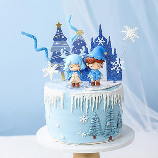 Christmas Blue Ice and Snow Elf Boy and Girl Doll Ornaments Christmas Party Cake Decoration