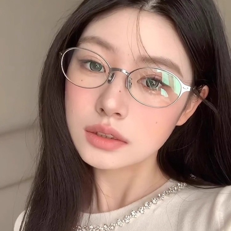高智感书呆子近视眼镜框女素颜神器平光镜金属椭圆小框架可配度数|undefined