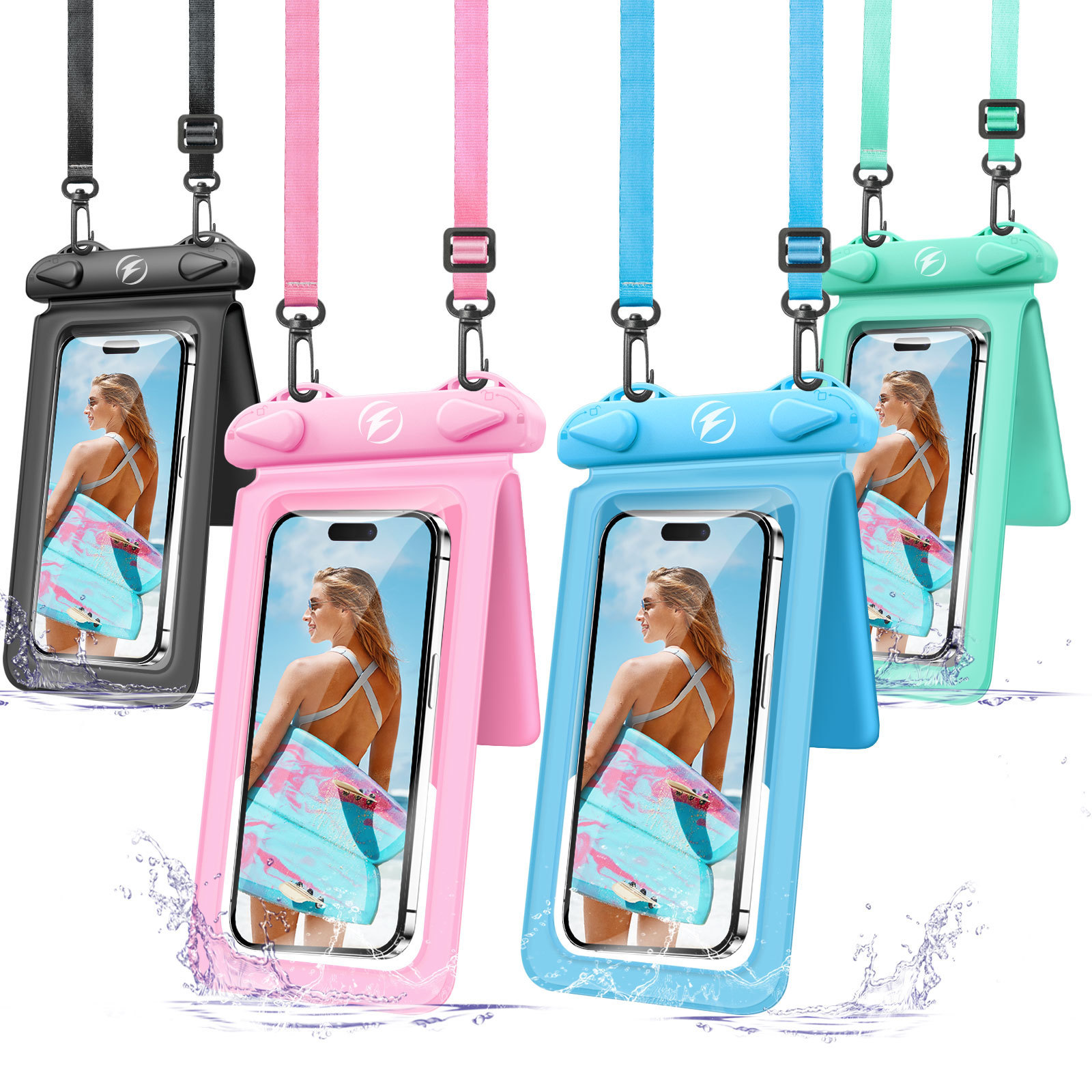 Waterproof phone pouch with dual compartments, touch screen compatible, for swimming, underwater photography, with neck strap, sealed and transparent, suitable for delivery and rafting