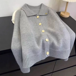 软糯灰色Polo领100纯羊毛针织衫女开衫上衣秋冬2025新款毛衣外套