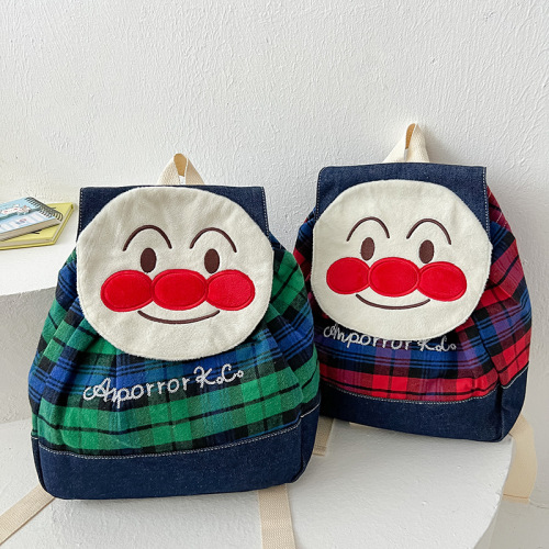 Cartoon backpack children's bag Japanese and Korean style kindergarten school bag autumn and winter cotton plaid bread people parent-child backpack