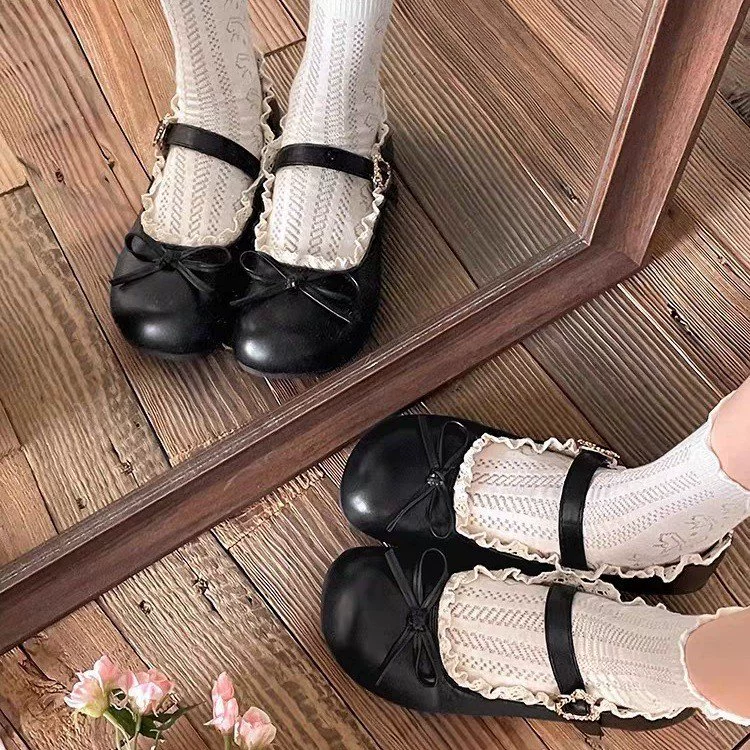 Lorita круглая кружевная обувь Mary Jen Shoes 2025 новая пуговица бант одиночная обувь студенческая униформа кожаная обувь