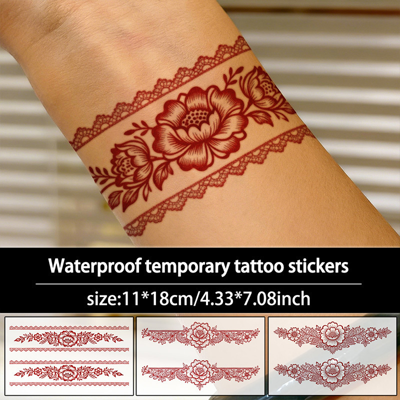 Temu's Popular Henna Arm Band Flower Tattoo Sticker Waterproof Long-Lasting Arm Back of Hand Lace Simulation Sweat-Proof Painting