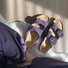 2024夏季新款紫色一字扣博肯鞋女磨砂一脚蹬懒人外穿沙滩鞋凉拖鞋
