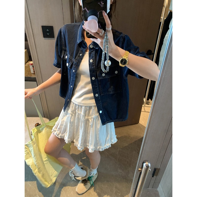 摩且 街拍日常 小个子复古翻领宽松显瘦休闲牛仔短袖衬衫 MQ0498