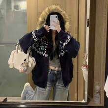费尔岛连帽开衫女秋冬季毛领拉链外套宽松加绒加厚上衣针织衫卫衣