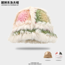 彩色兔毛醒狮渔夫帽女秋冬季手工针织毛线帽保暖帽子显脸小毛绒帽