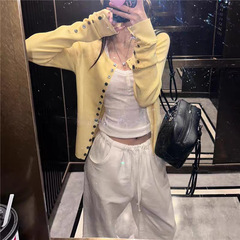 加州落日限定 贝壳扣麻灰针织开衫修身显瘦防晒长袖上衣