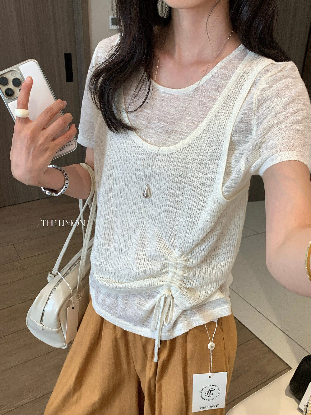 Áo thun nữ tay ngắn cổ tròn sọc kẻ phối ren giả hai lớp chất liệu tre gai thoáng mát — xám đậm, xám nhạt, Hạnh đen sọc, màu mơ chi tiết 15