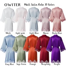 蕾丝晨袍亚马逊婚礼派对晨袍新娘伴娘睡袍 哑光色丁蕾丝睡袍