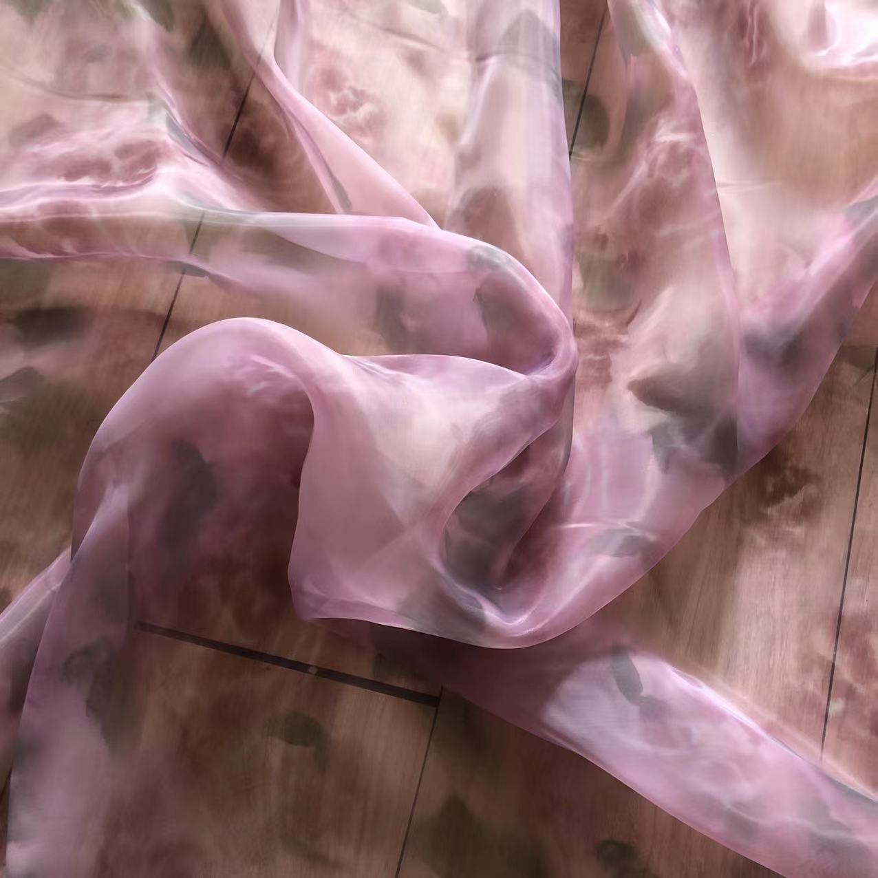 骁骏纺织 欧根纱印花蔷薇花油画玫瑰花粉色印花 婚纱面料礼服面料