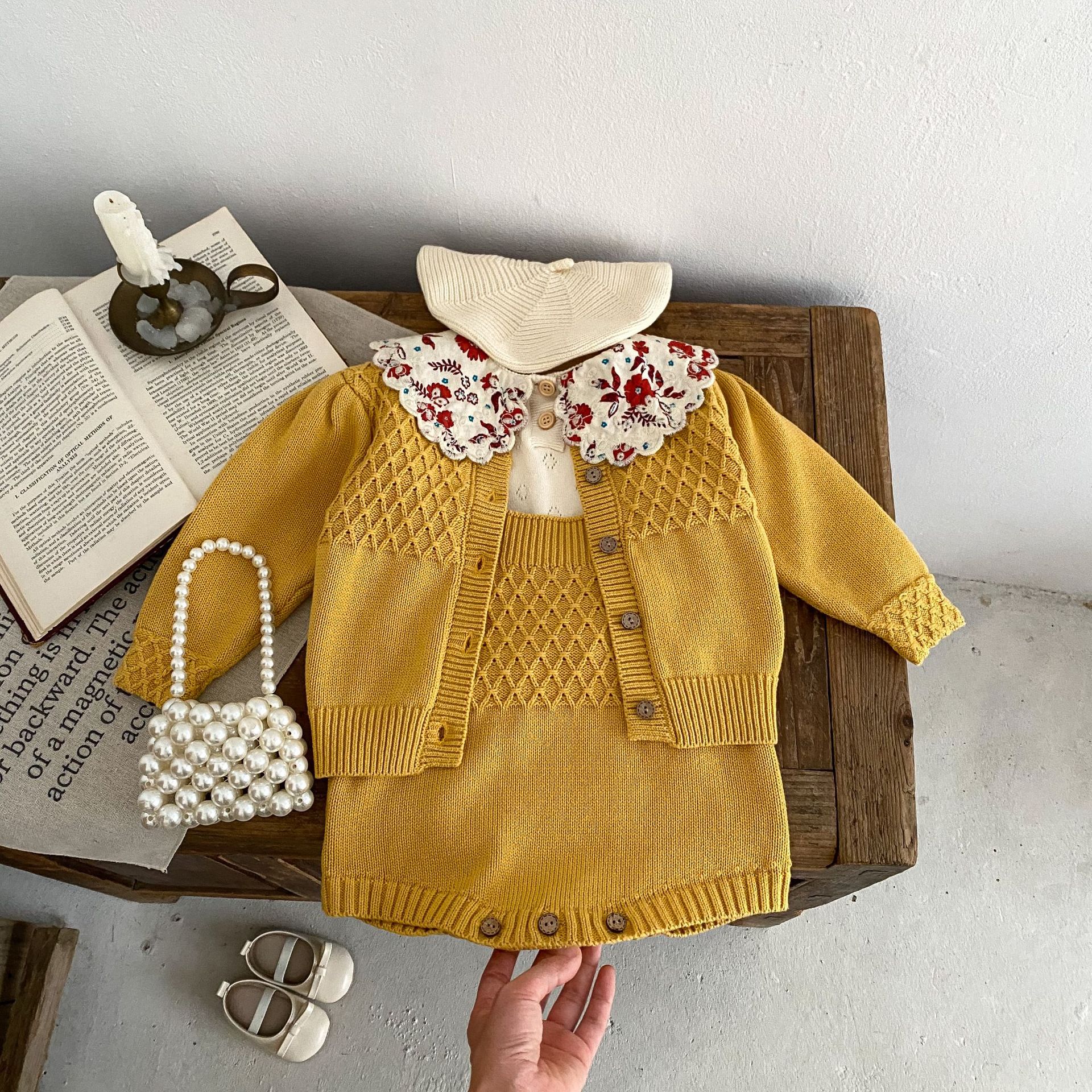 Proljetna 2024. žuta pletena jakna za dojenčad i djevojčice + jednobojni kaput na naramenice, set od 2 dijela dostupan za sortiranje_voghion.com