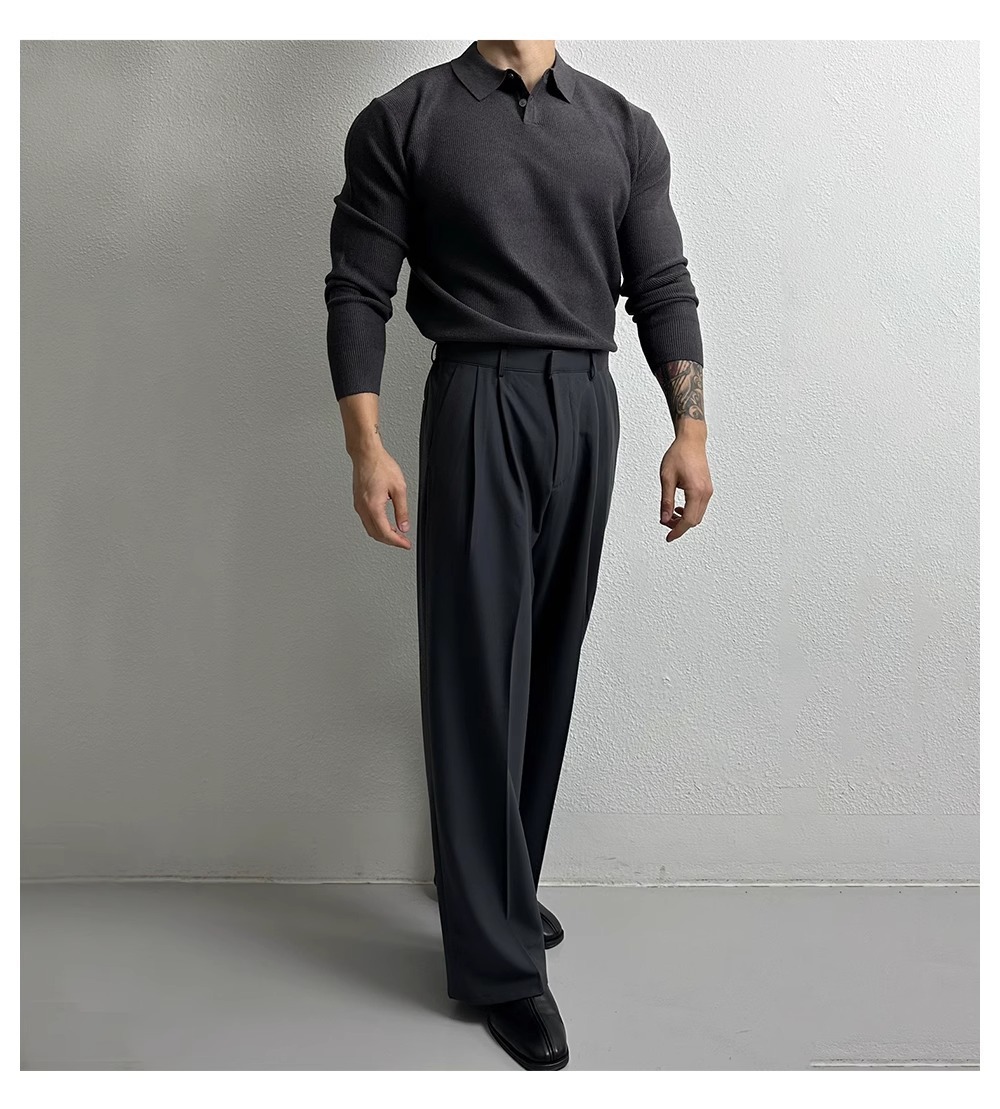 Oversized Polo Knit Sweater For Men – Business Casual Long Sleeve Pullover, Plus Size European Fit (Black/Beige/Gray)_viptrois.com