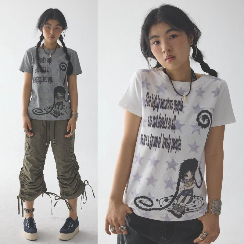Japanese Subculture Vintage Style Y2K Sweet Cool Cute Niche Comic Star Curly Hair Girl Print Short-Sleeve Top