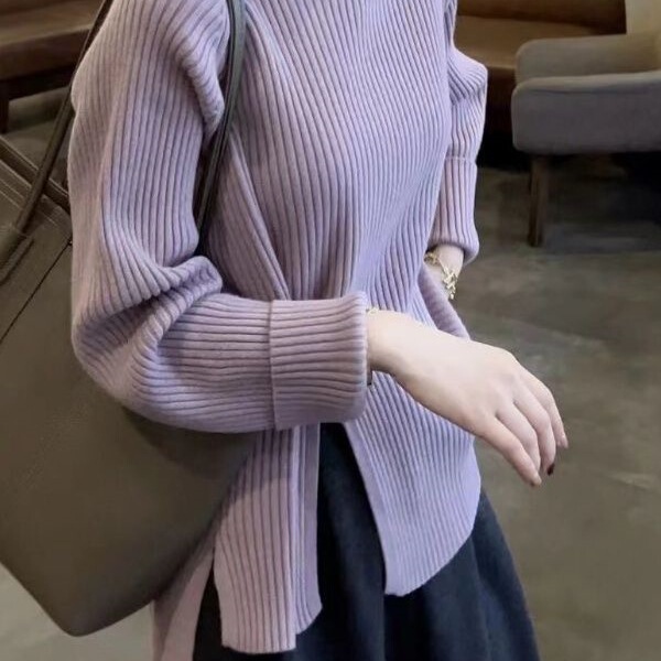 慵懒风超好看设计感收腰高领竖条打底毛衣女秋冬季内搭针织衫上衣|undefined