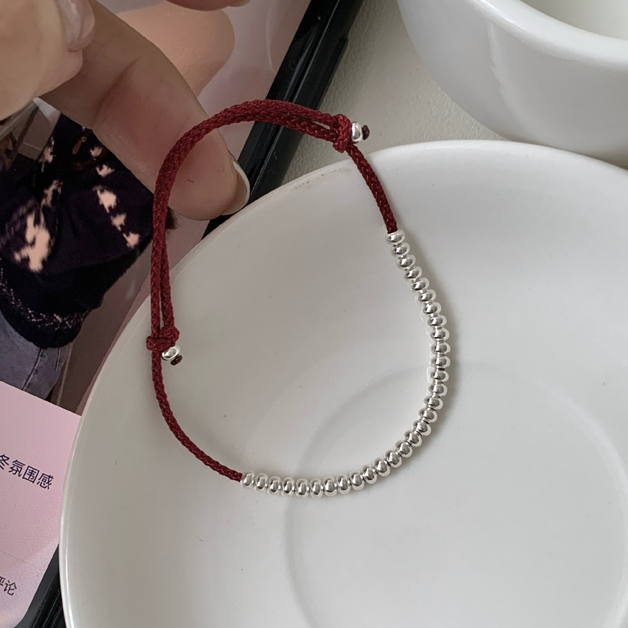 S925 Sterling Silver Beads Red Rope Bracelet Niche Design Good Luck Bracelet Simple New Chinoiserie Transfer Red Rope Silver Jewelry