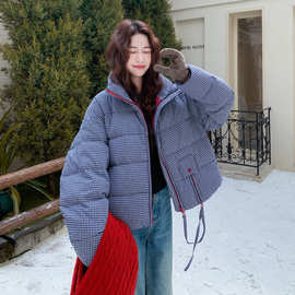 蓝色格子羽绒服女2025年冬季新款小个子洋气宽松面包服厚外套休闲