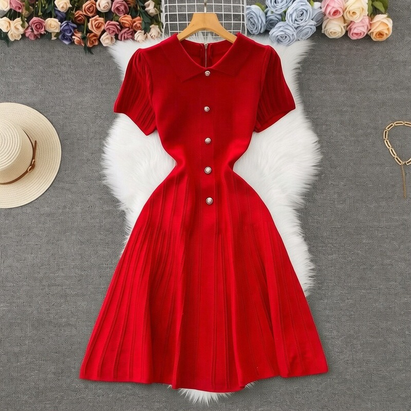 New Cross-Border Polo Collar Knitted Short Dress with a Slim Fit, Elegant French Style, Back Zipper, Single-Breasted, Waist-Cinching Dress for Summer