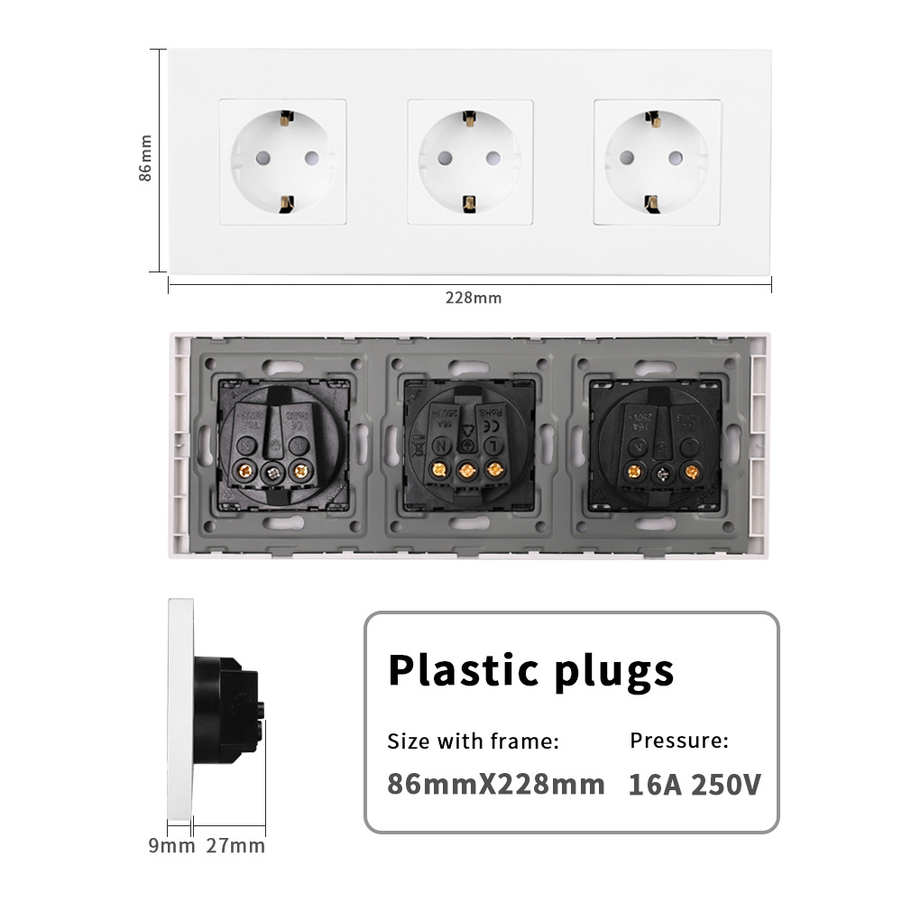 3-pin European-style German-style Socket With Grounding, Russian Socket, ABS Plastic Panel, 250V16A_voghion.com