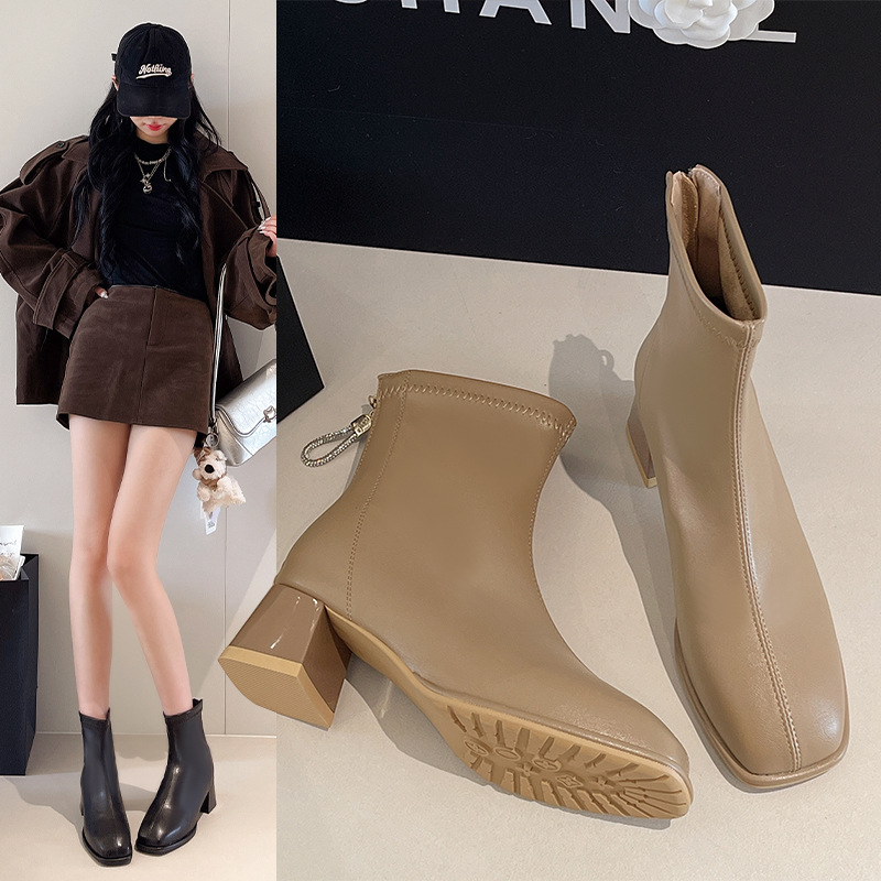 高跟粗跟短靴女秋冬季2024新款韩版加绒瘦瘦靴方头性感拉链短筒靴