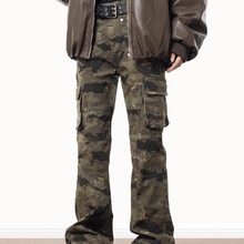 春秋季新款嘻哈美式复古迷彩直筒显瘦微喇多口袋牛仔裤男工装裤子