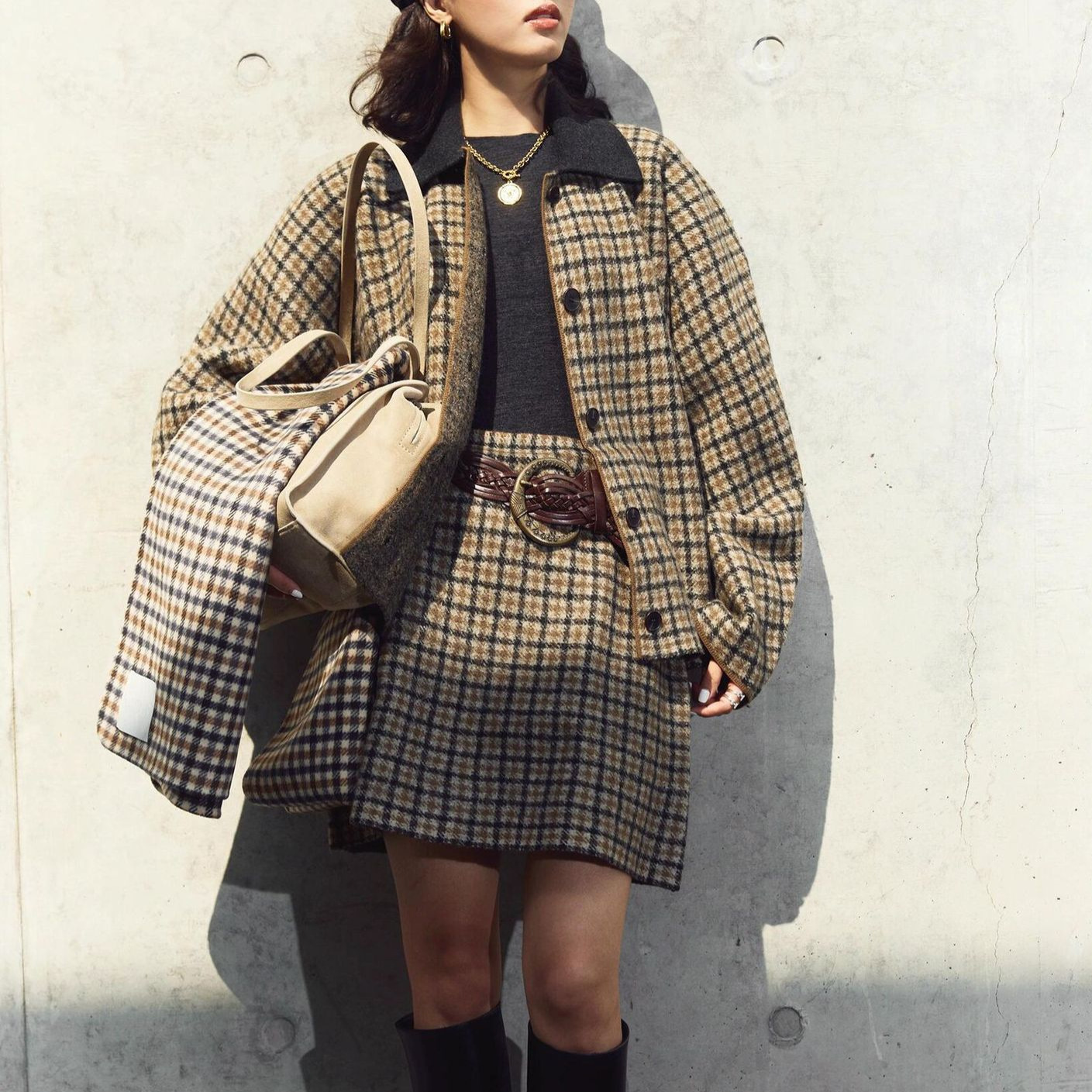 26 Autumn/Winter New C Brand Wool Knit Plaid Suit Brown Jacket Mini Skirt College Style Women's Retro