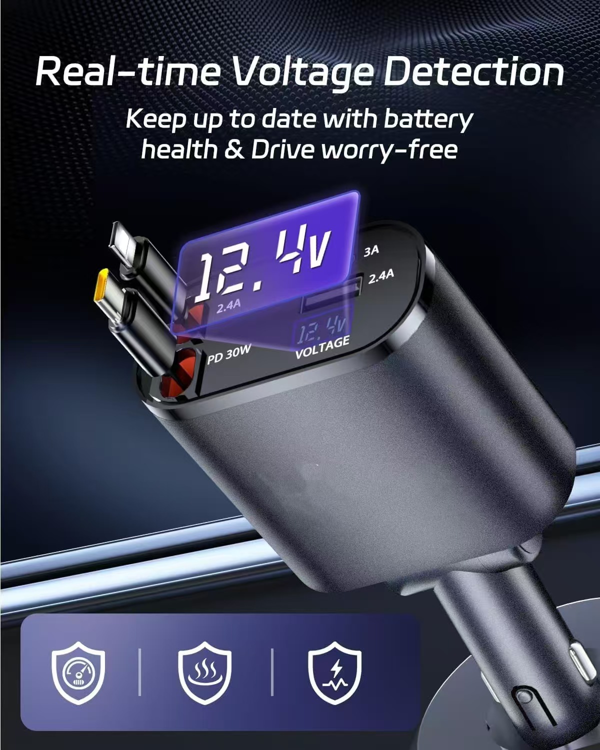 Car Charger 120W Super Fast Charging Retractable Cable Four-In-One Car Charger Car Cigarette Lighter Huawei Apple Head Car Charger