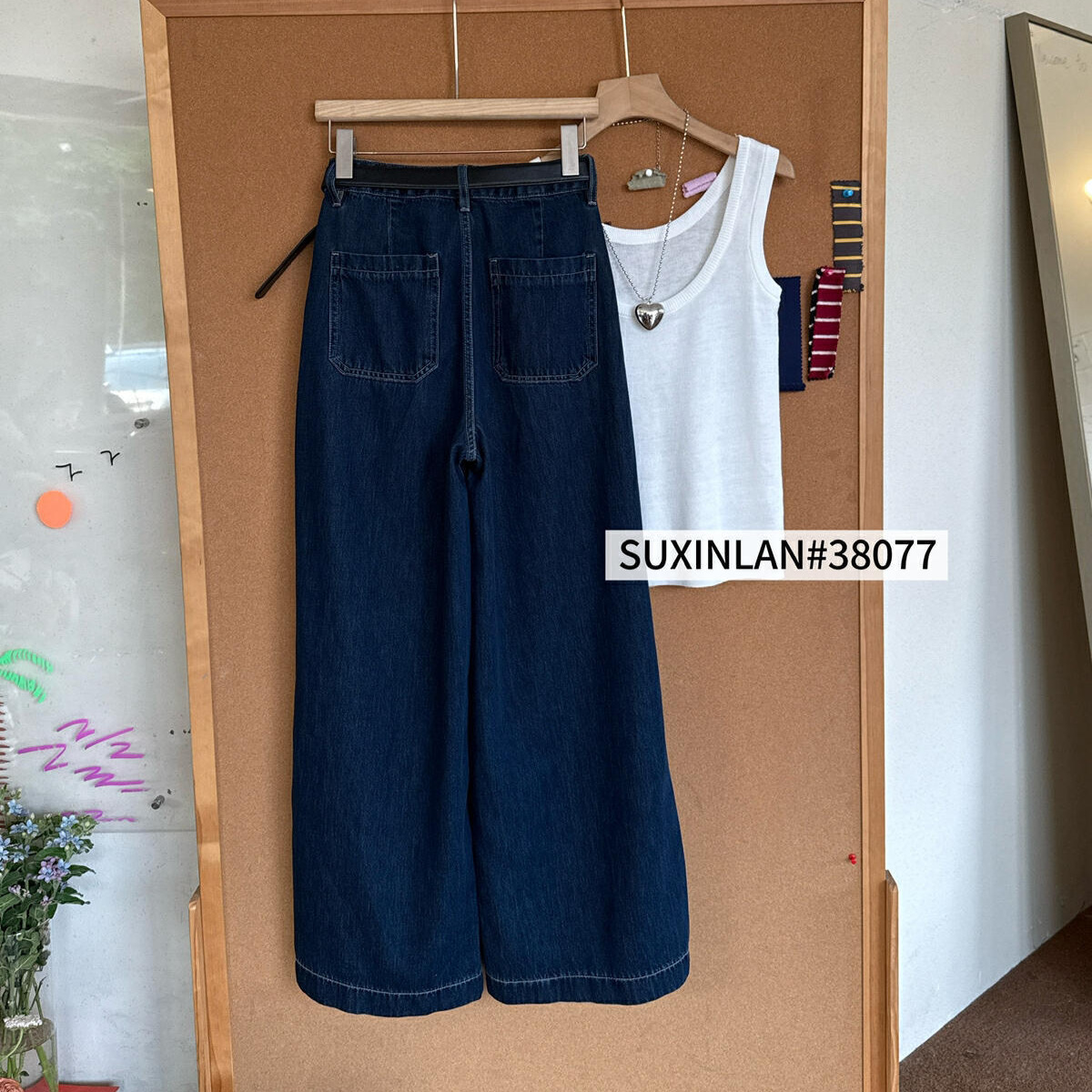 Suxinlan/YOUMO 2025 Verano Azul oscuro Pantalones vaqueros de pierna ancha de material fino (con cinturón) 38077