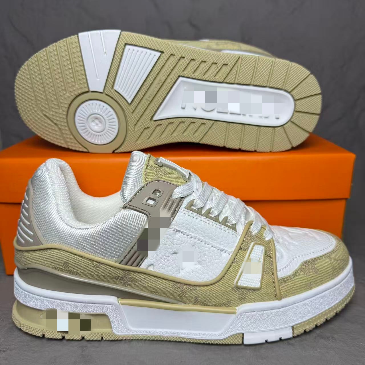 Spot comercio exterior transfronterizo burro entrenador blanco cemento vaqueros azul moda deportiva casual pareja hombre y mujer skate