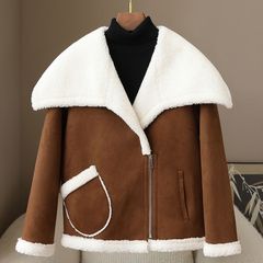 少量の服 2025 春の新作ビッグラペルオートバイ服粒状ウールジャケットカジュアルシープスキントップ女性用