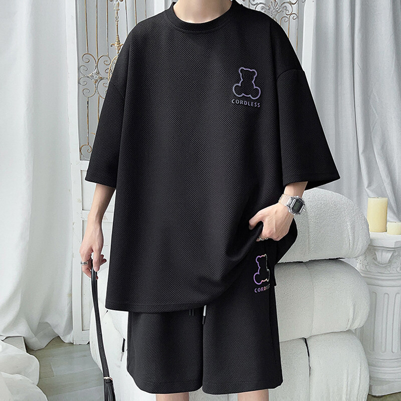 Summer Heavy-duty Casual Suit Men, Loose-fitting Plus-size Short-sleeve T-shirt Shorts, Extra-large Outfit For Big And_voghion.com